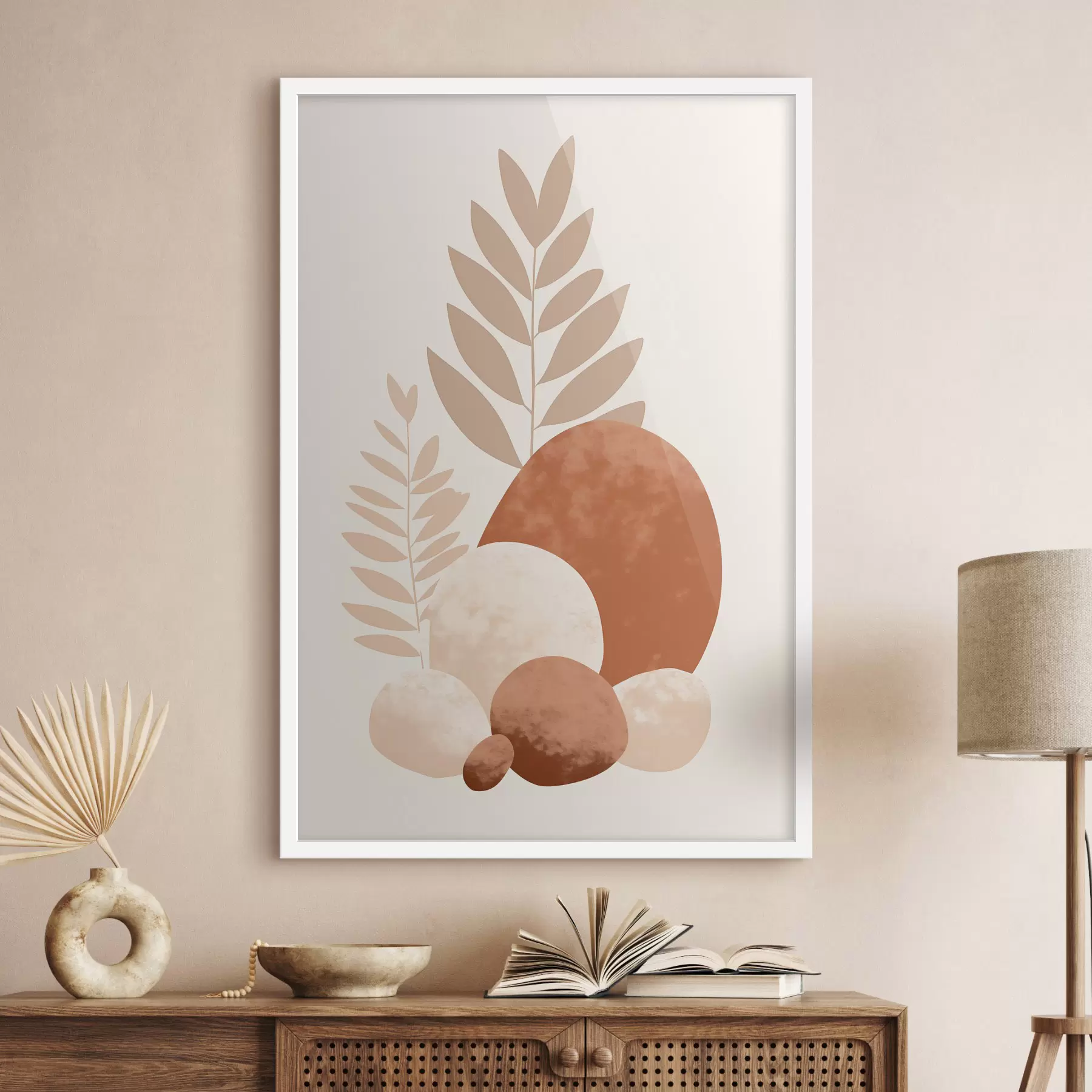 fototapet Forme abstracte, pietre texturate și frunze în nuanțe discrete de piersică și teracotă, fundal minimalist, crem f47013