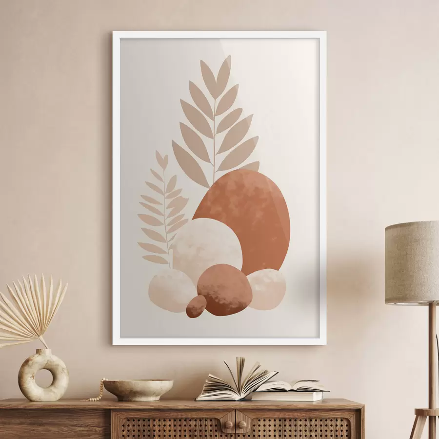 fototapet Forme abstracte, pietre texturate și frunze în nuanțe discrete de piersică și teracotă, fundal minimalist, crem f47013