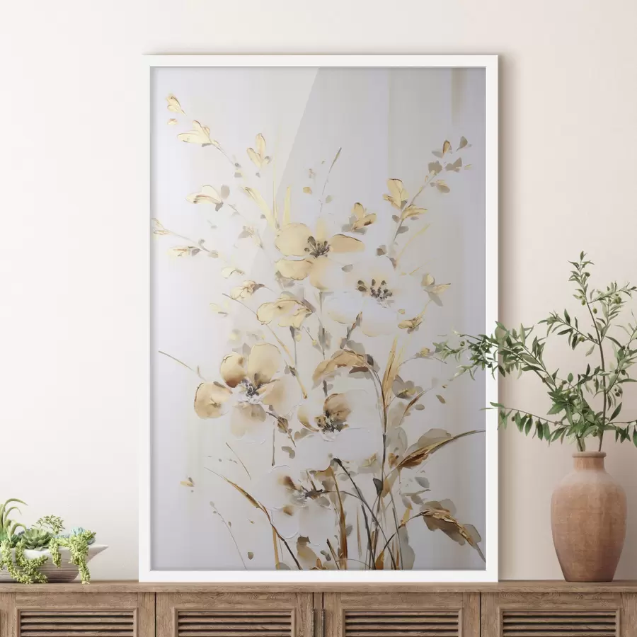 fototapet Flori și frunze galbene texturate pe fond alb, cu tușe delicate f47017