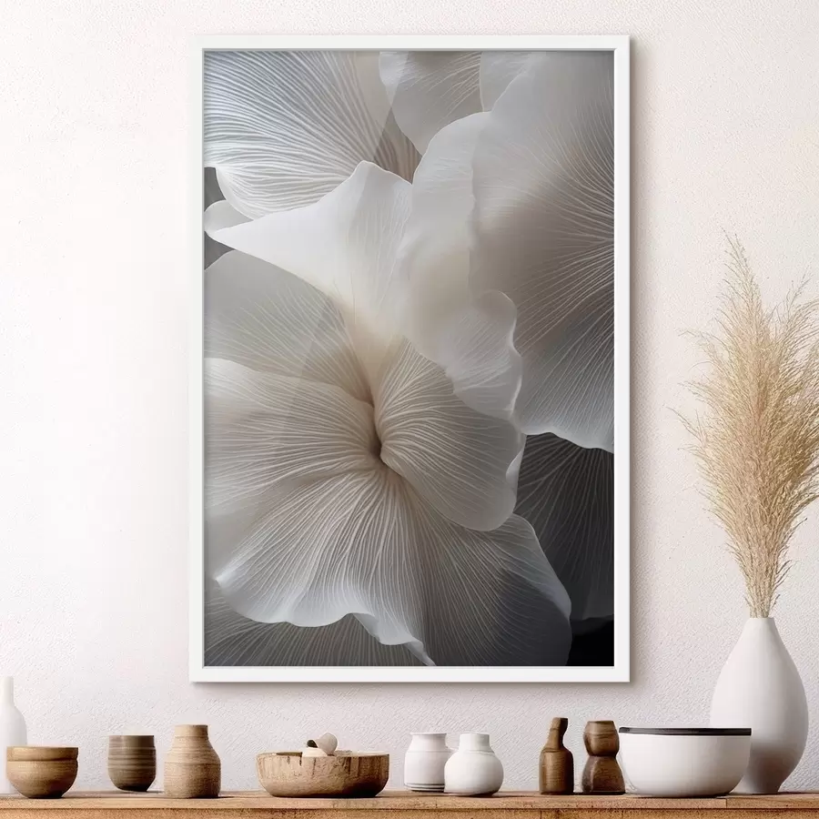 fototapet Prim-plan cu petale florale albe abstracte delicate, cu linii complexe și un fundal întunecat estompat f47019