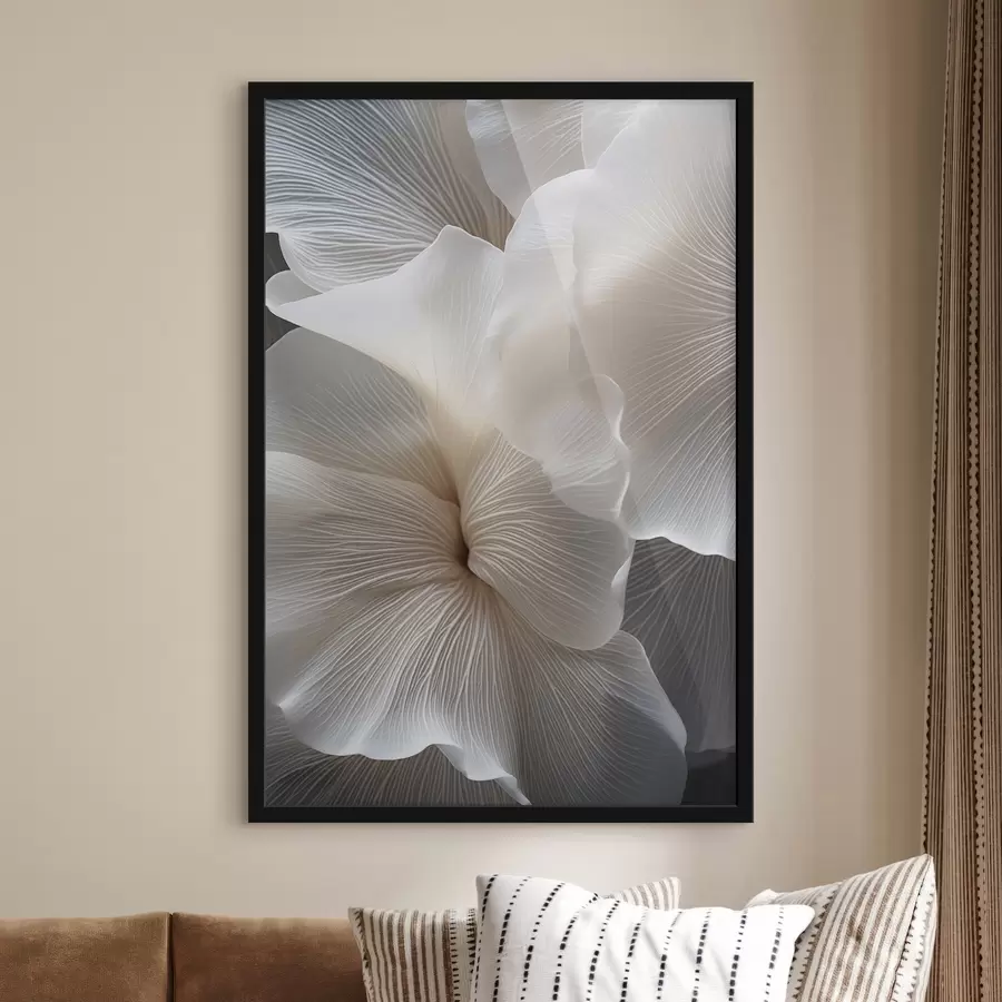 fototapet Prim-plan cu petale florale albe abstracte delicate, cu linii complexe și un fundal întunecat estompat f47019