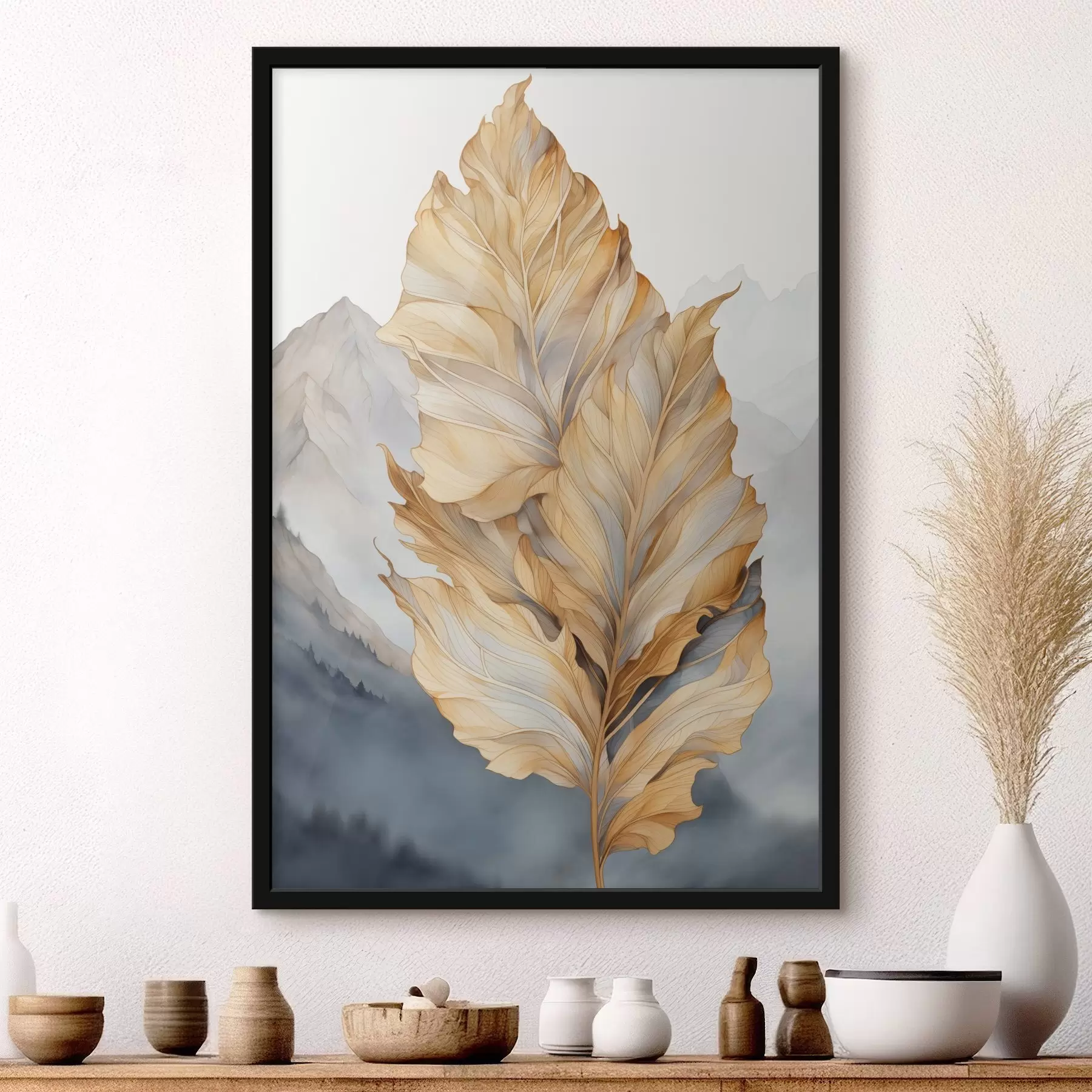 fototapet Frunze abstracte mari, galbene și maronii, cu detalii complexe, pe fundalul unui peisaj montan f47022