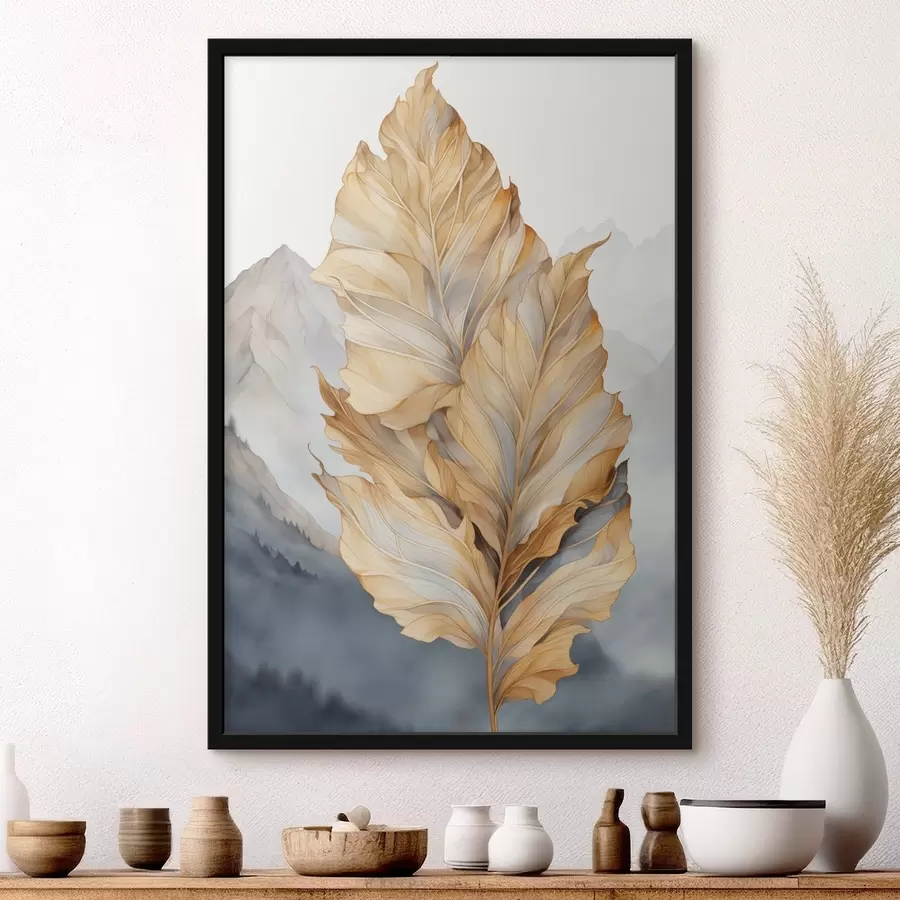 fototapet Frunze abstracte mari, galbene și maronii, cu detalii complexe, pe fundalul unui peisaj montan f47022