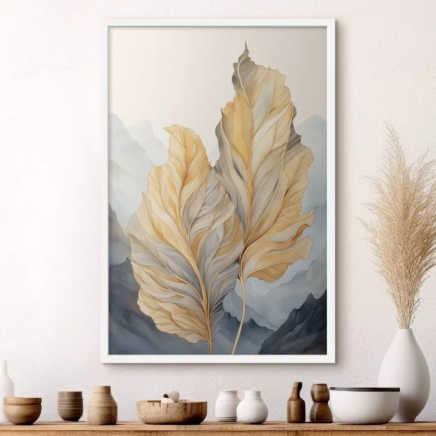 fototapet Frunze abstracte mari, galbene și maronii, cu detalii complexe, pe fundalul unui peisaj montan f47023