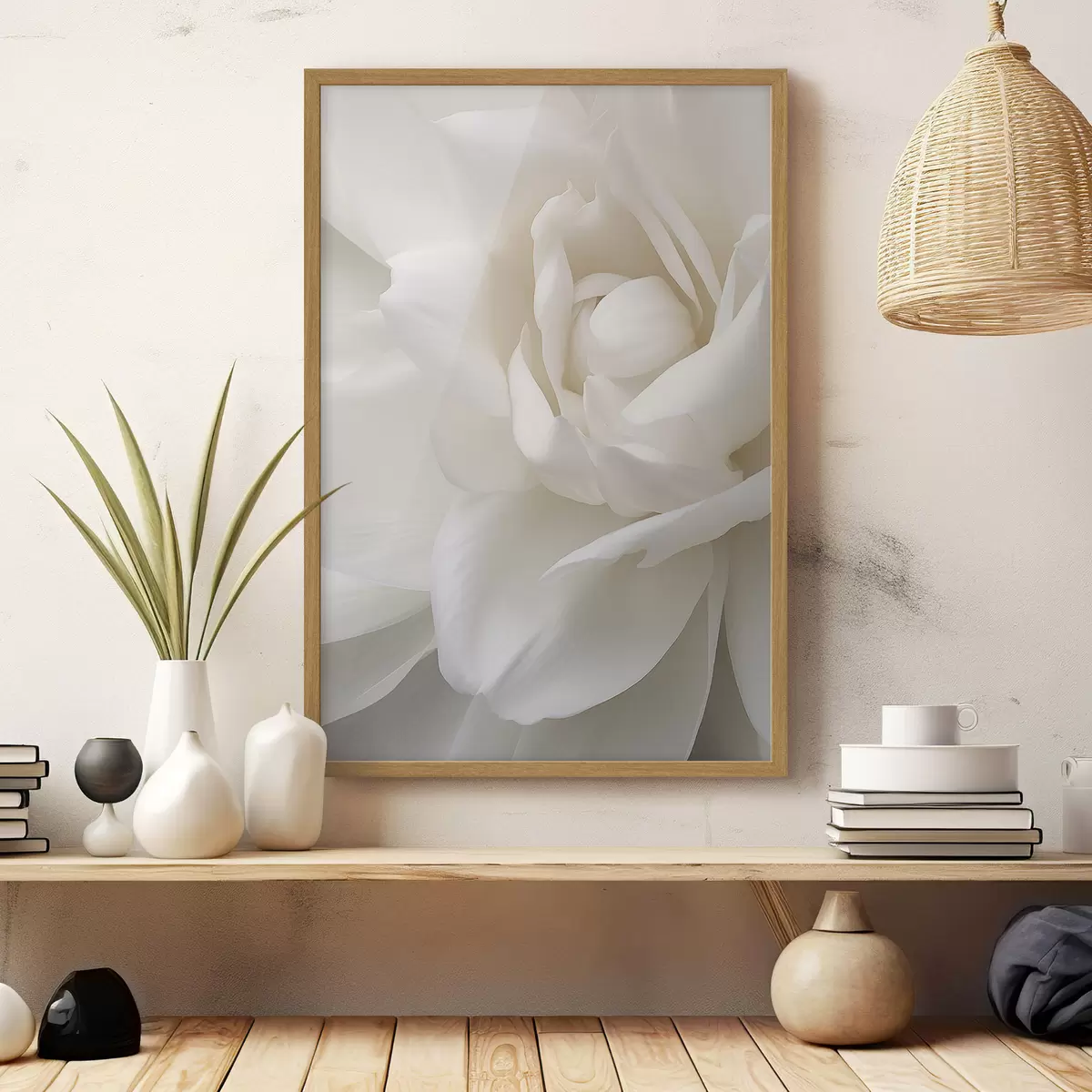 Poster Floare albă abstractă cu petale delicate, stratificate, artă minimalistă f47025
