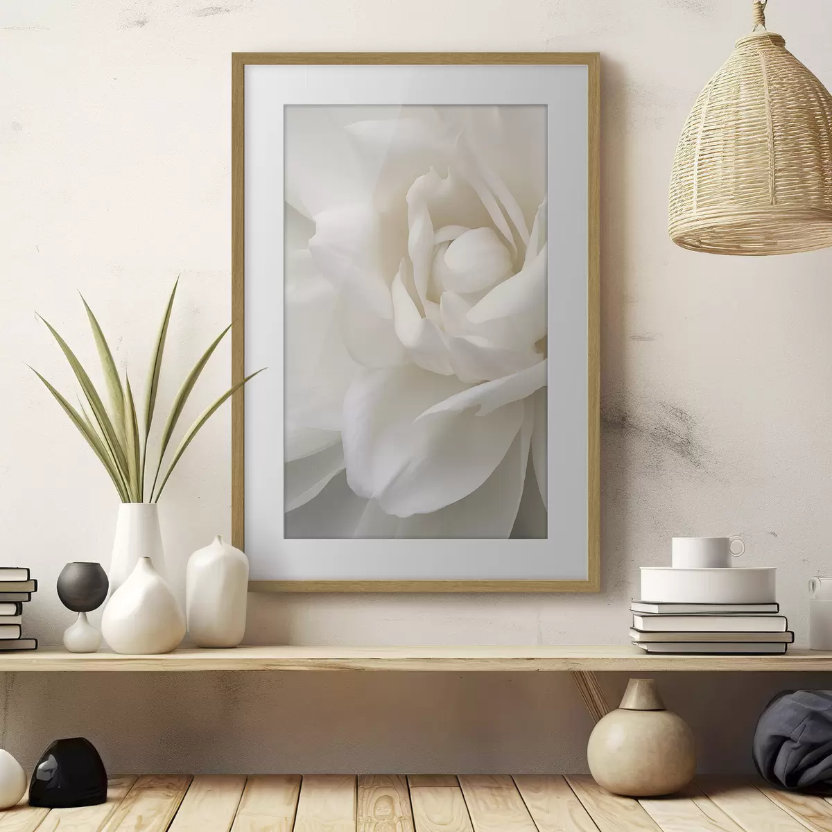 Poster Floare albă abstractă cu petale delicate, stratificate, artă minimalistă f47025