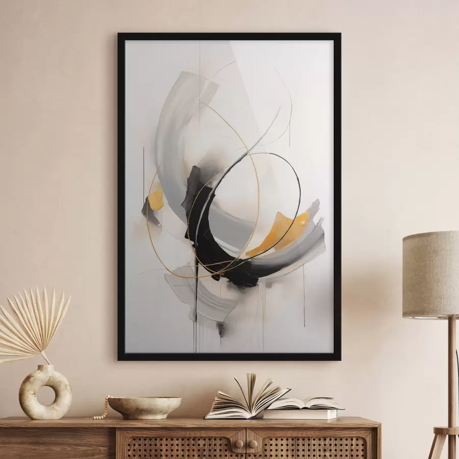 fototapet Pictură abstractă cu imitații de pensule galbene, negre și albe, linii dinamice f47035