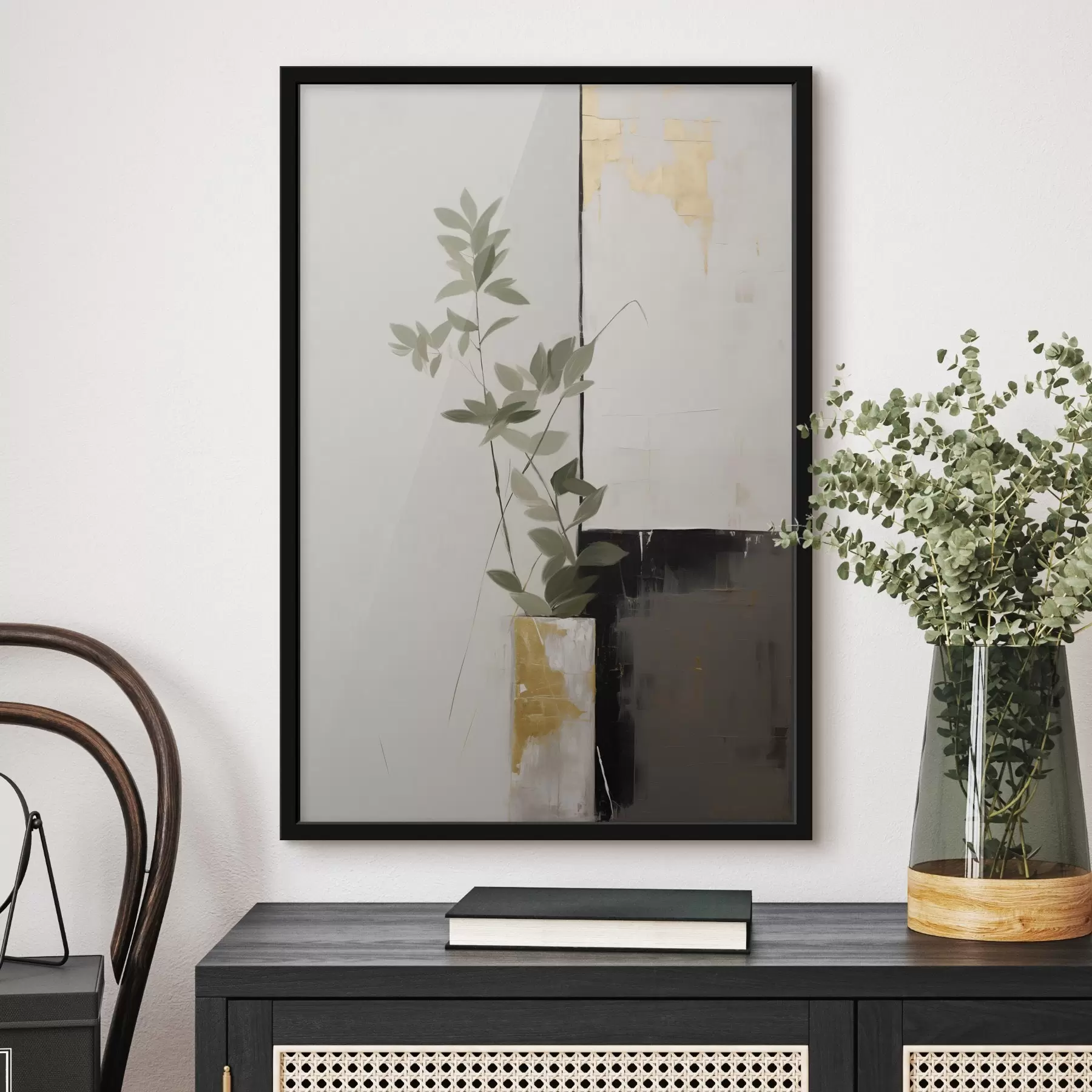 fototapet O pictură minimalistă texturată reprezentând un vas cu frunze verzi pe un fundal de forme geometrice abstracte f47036