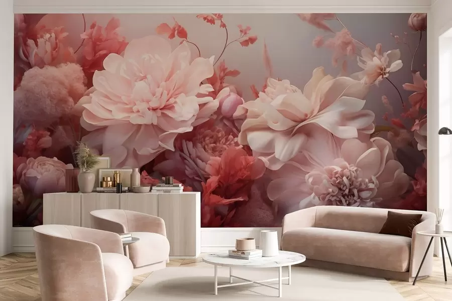 fototapet Bujori volumetrici de culoare roz pudrat într-o compoziție florală w09571