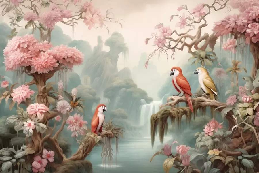 fototapet O pădure tropicală de basm, cu papagali, copaci înfloriți cu flori roz și o cascadă. w09580