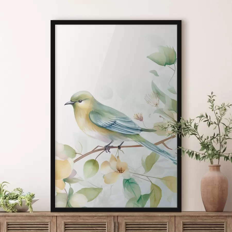 fototapet Păsărică pe o ramură, imitație de acuarelă f46892