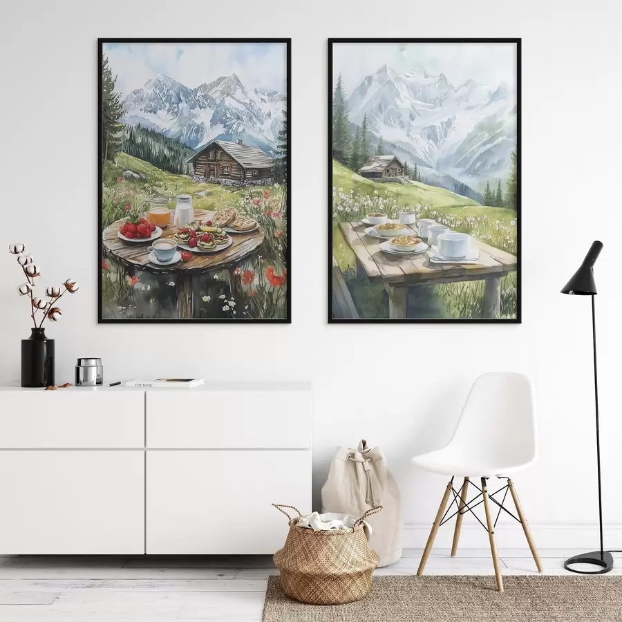 fototapet Alpi, peisaj montan frumos, mic dejun estetic, case din lemn d00403