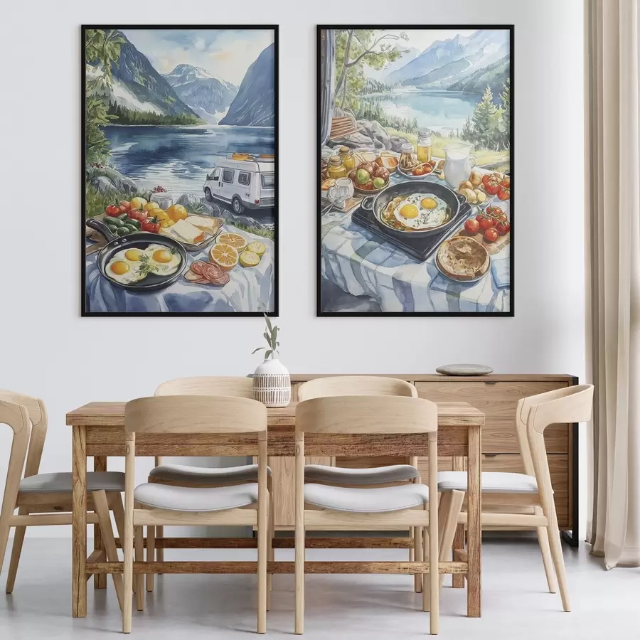 fototapet Mic dejun în natură, călătorie, viață în aer liber, stil acuarelă, Norvegia d00404