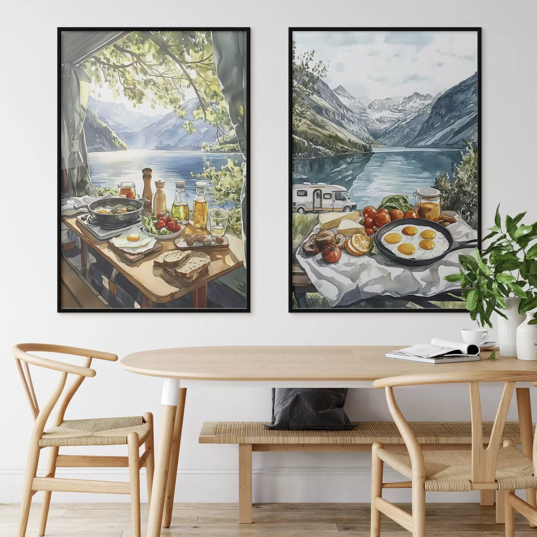 fototapet Camping, mic dejun estetic lângă lac, stil acuarelă d00405