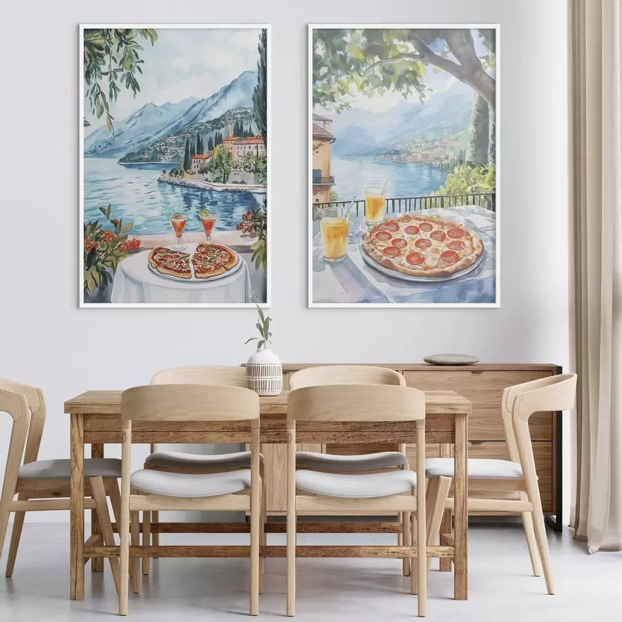 fototapet Lacul Como, brunch în Italia, stil acuarelă, pizza margarita, natura verii d00406