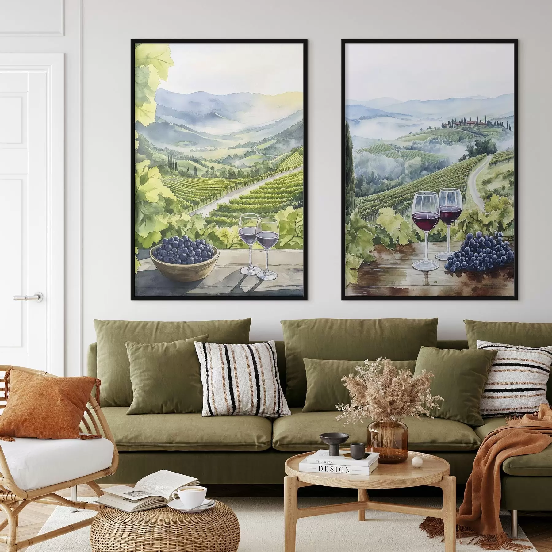 fototapet Peisaje frumoase din Toscana, curți de struguri, pahare de vin, stil acuarelă, Italia d00408