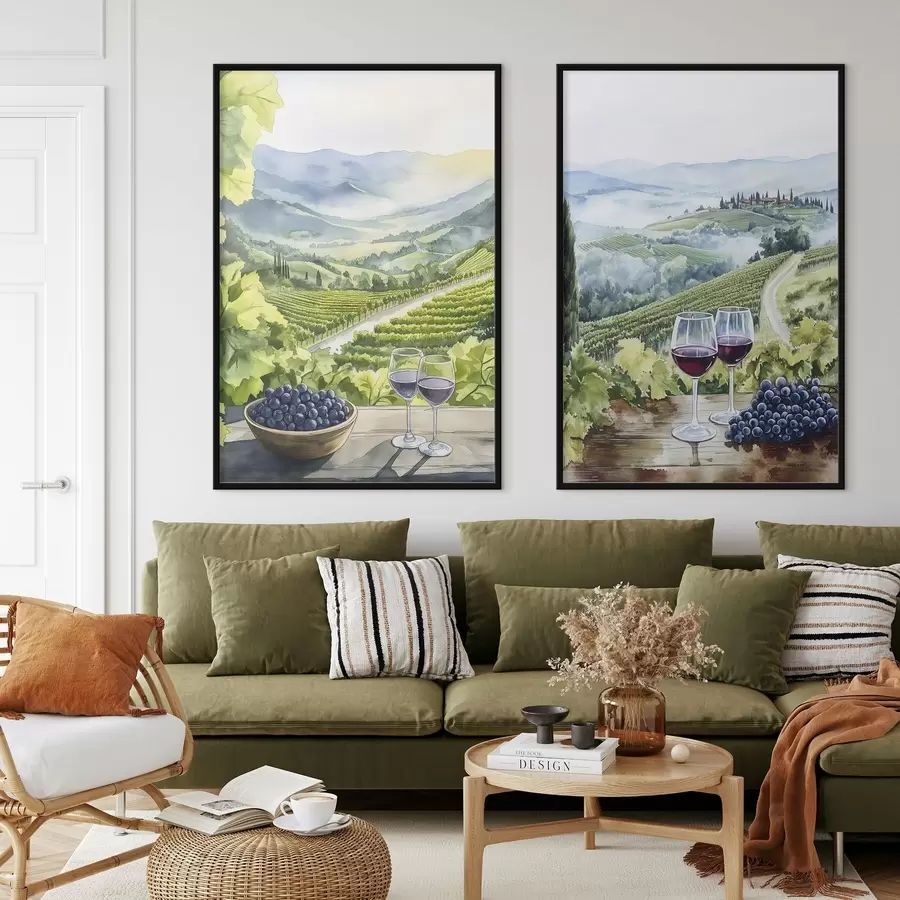 fototapet Peisaje frumoase din Toscana, curți de struguri, pahare de vin, stil acuarelă, Italia d00408