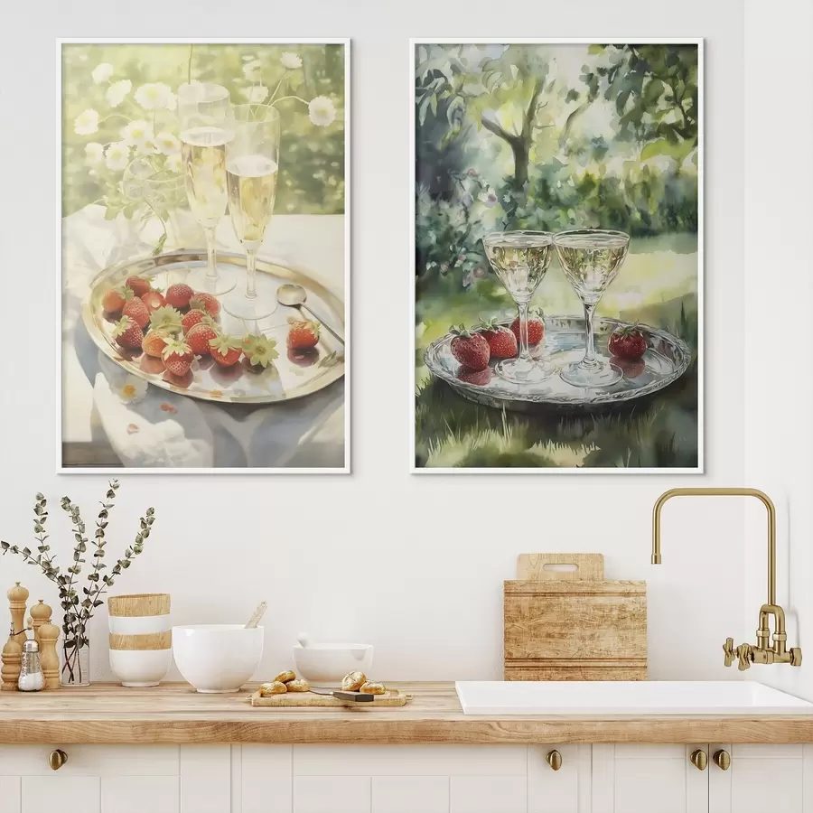 fototapet Picnic de vară, pahare de șampanie cu căpșuni pe tavă, flori de mușețel d00414