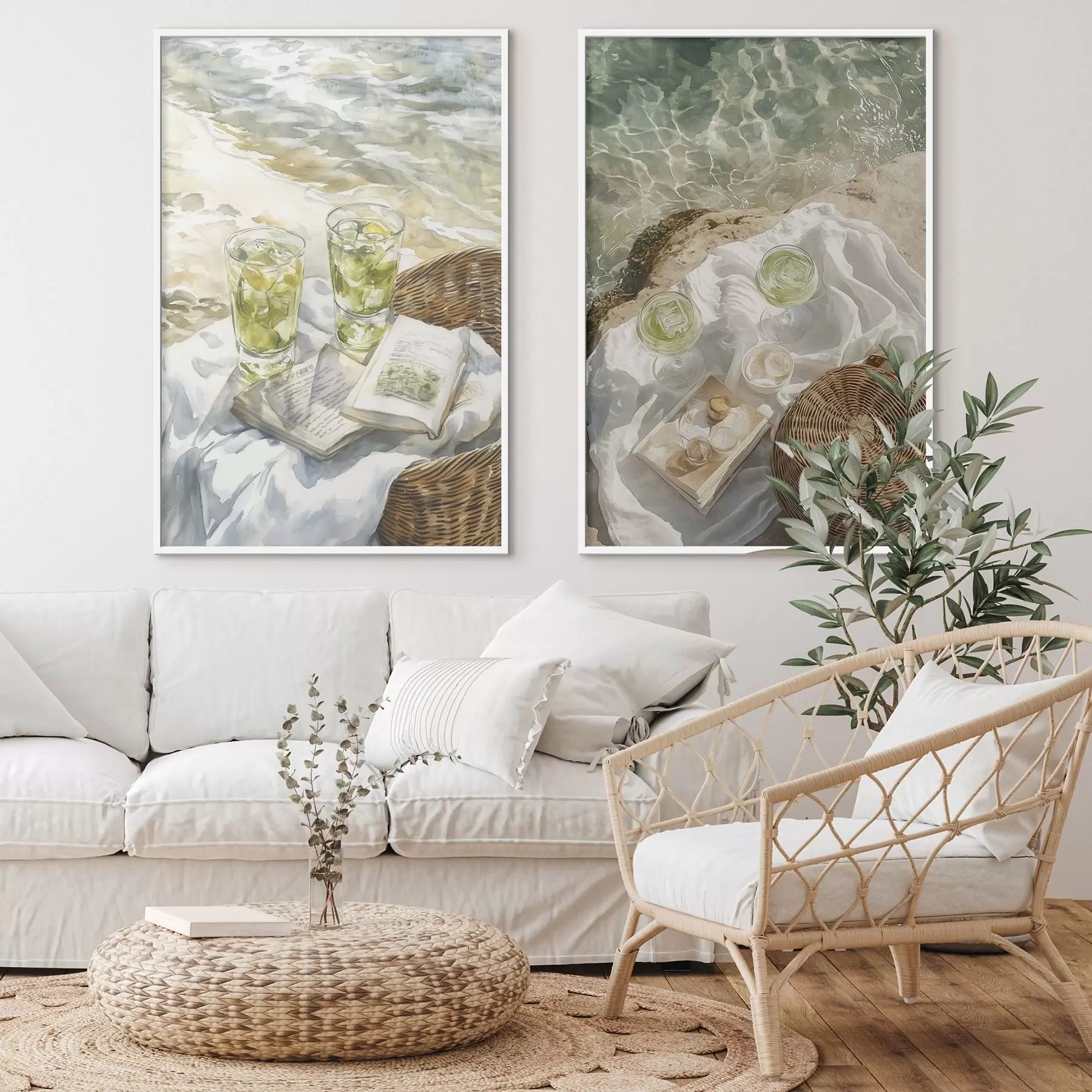 fototapet Cocteiluri pe plajă, desen în stil acuarelă, ocean, picnic de vară d00417