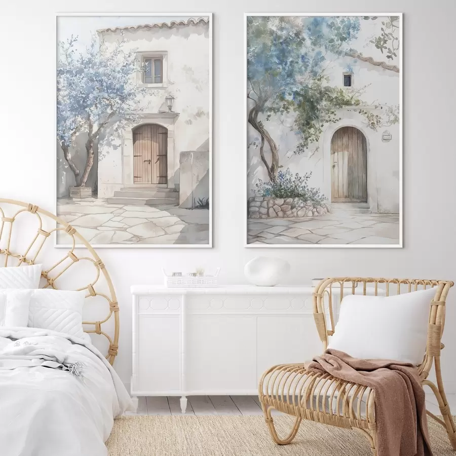 fototapet Case albe grecești cu copaci înfloriți, mediteranean, desen în stil acuarelă d00419