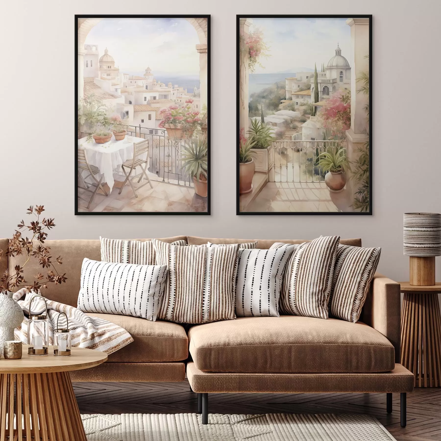 fototapet Apus de soare pe balcon, arhitectura, flori înflorite, stil acuarelă, mediteranean d00420