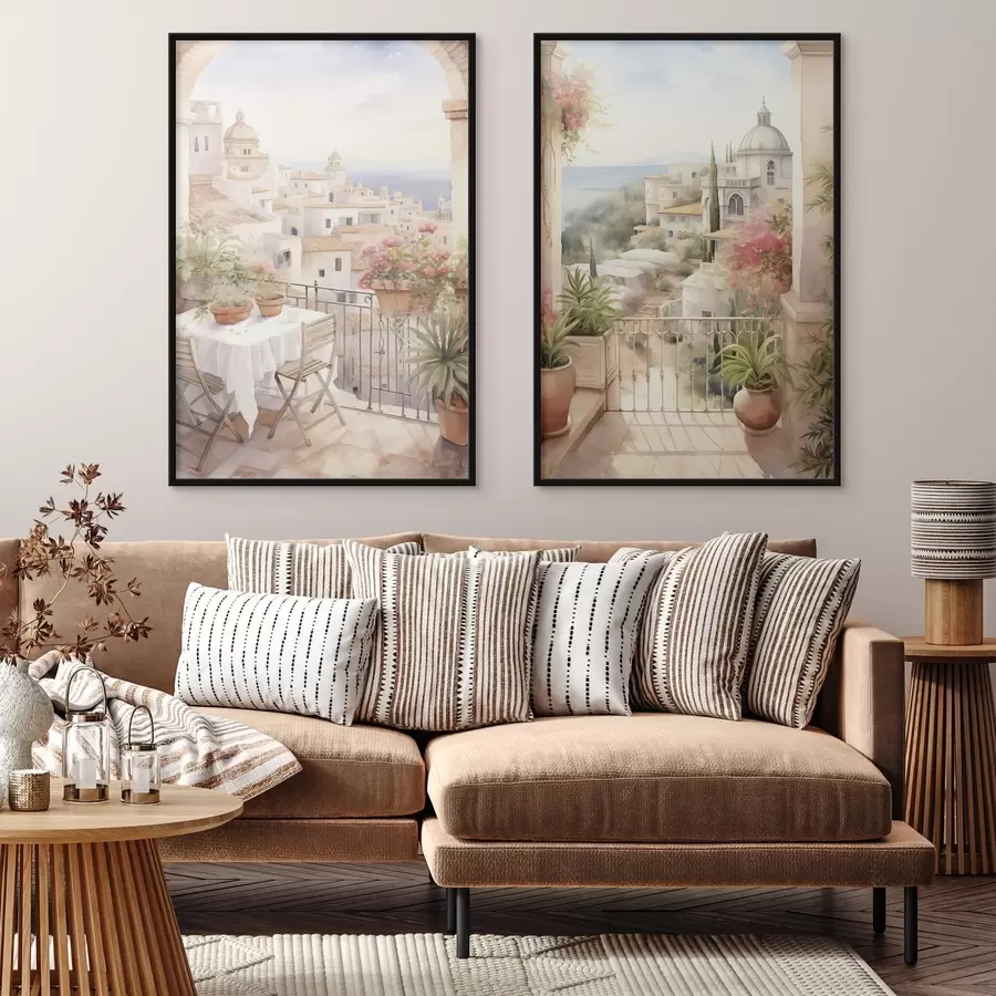 fototapet Apus de soare pe balcon, arhitectura, flori înflorite, stil acuarelă, mediteranean d00420