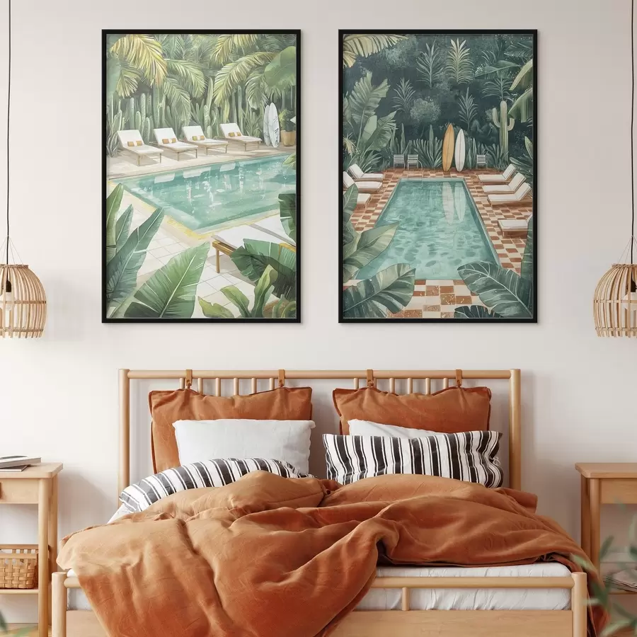 fototapet Piscină de vară, vintage, pădure tropicală, verdeață, palmieri, stil acuarelă d00422