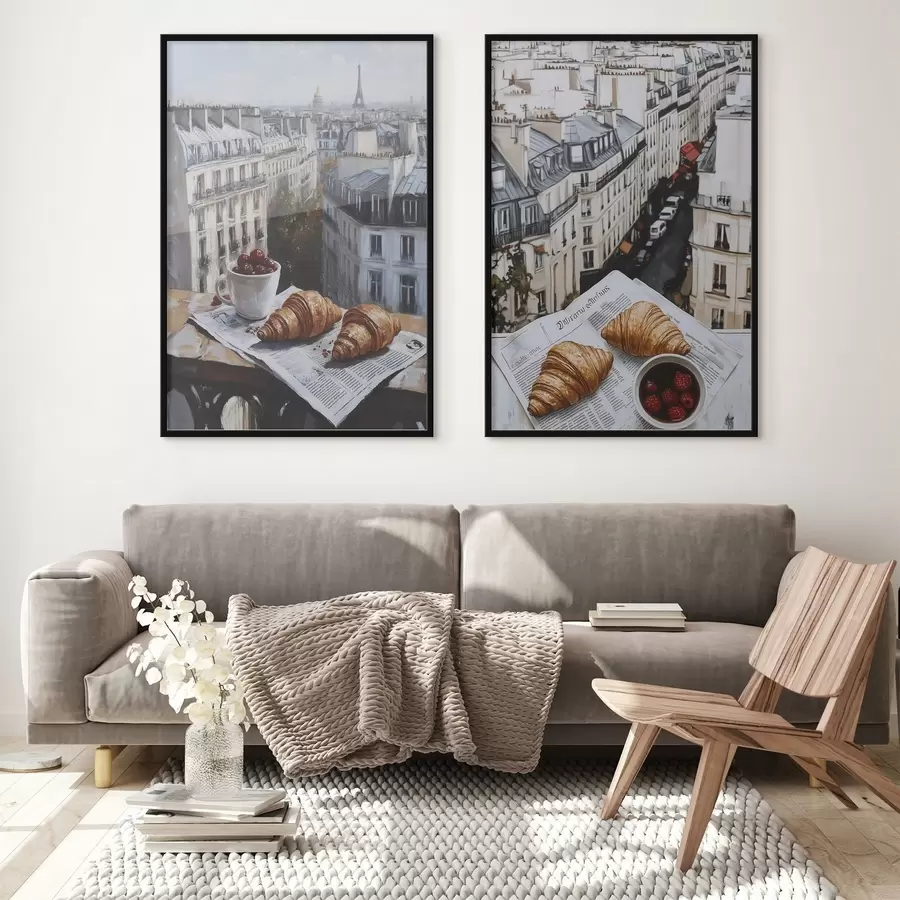 fototapet Vedere a orașului pe un balcon din Paris, turnul Eiffel, căpșuni, cafea, jurnal d00445