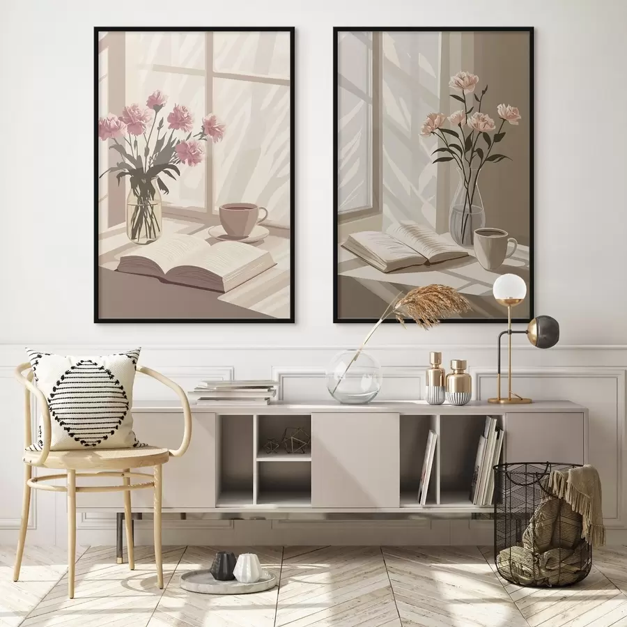 fototapet Abstracție, estetica dimineții, ceașcă de cafea, carte, flori d00448