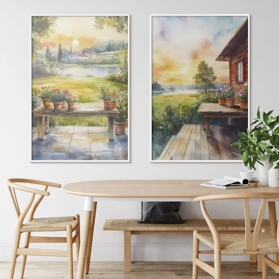 fototapet Sat de vară, apus de soare, rustic, flori, lac, stil acuarelă d00449