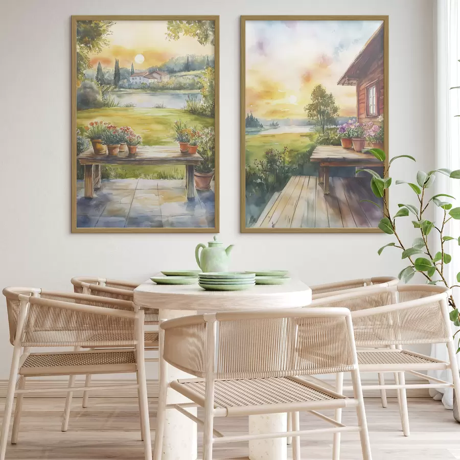fototapet Sat de vară, apus de soare, rustic, flori, lac, stil acuarelă d00449
