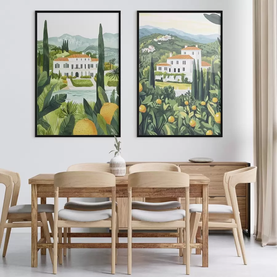 fototapet Peisaje mediteraneene cu copaci și case, coasta mării, Spania d00450