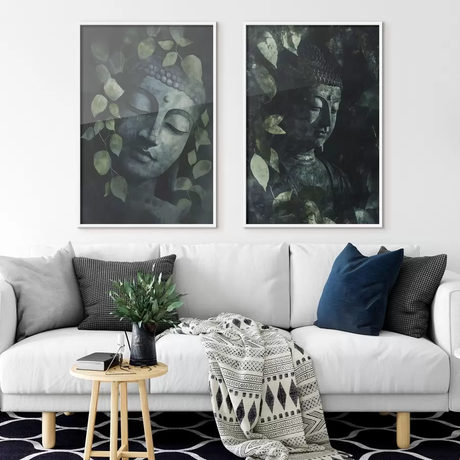 fototapet Buddha verde în frunze tropicale, stil acuarelă d00451