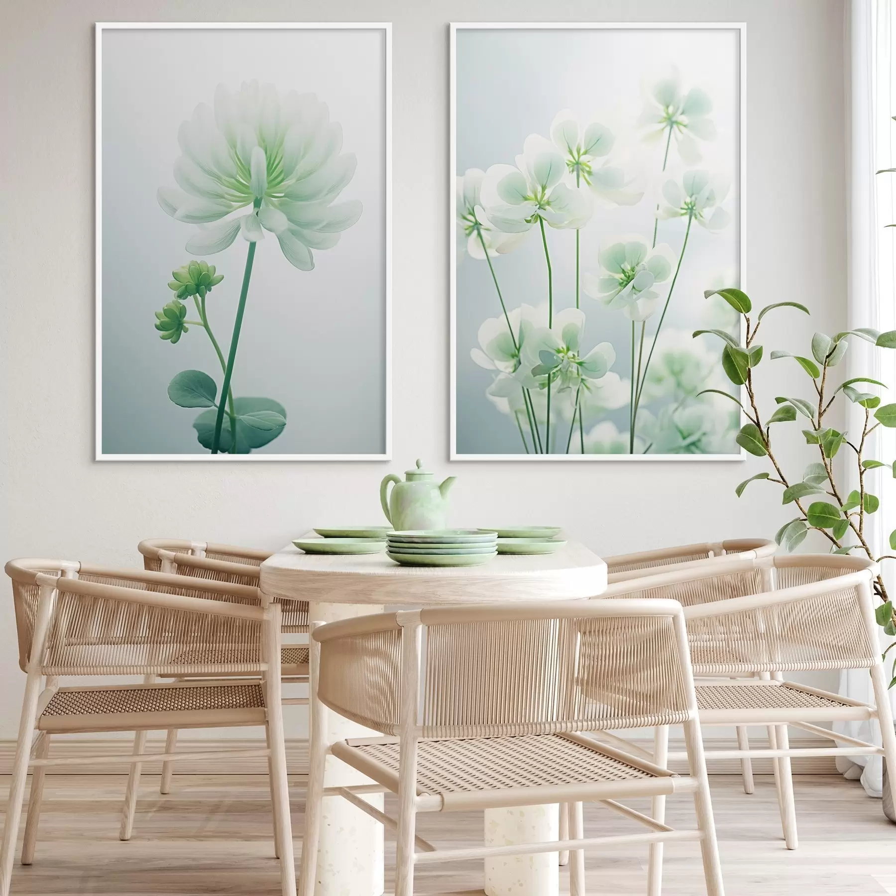fototapet Flori albe de trifoi cu tulpină și frunze verzi, iluminare moale, fundal curat, compoziție minimalistă, botanică d00520