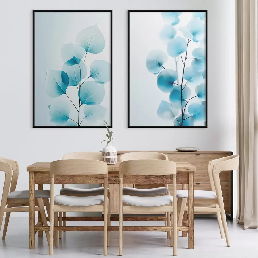 fototapet Creangă cu frunze albastre translucide, vene delicate vizibile, compoziție ușoară și calmă, estetică minimalistă d00522