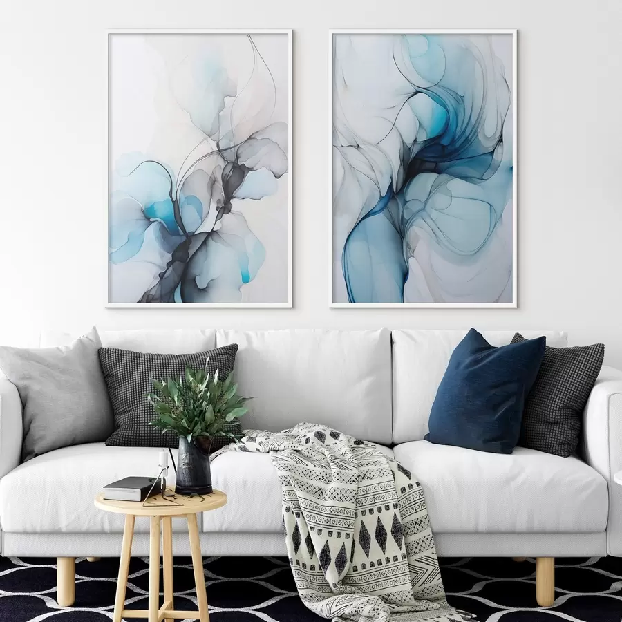 fototapet Compoziție abstractă cu linii fluide și petale translucide în nuanțe de albastru, alb și bej, imitație de cerneală alcoolică d00523