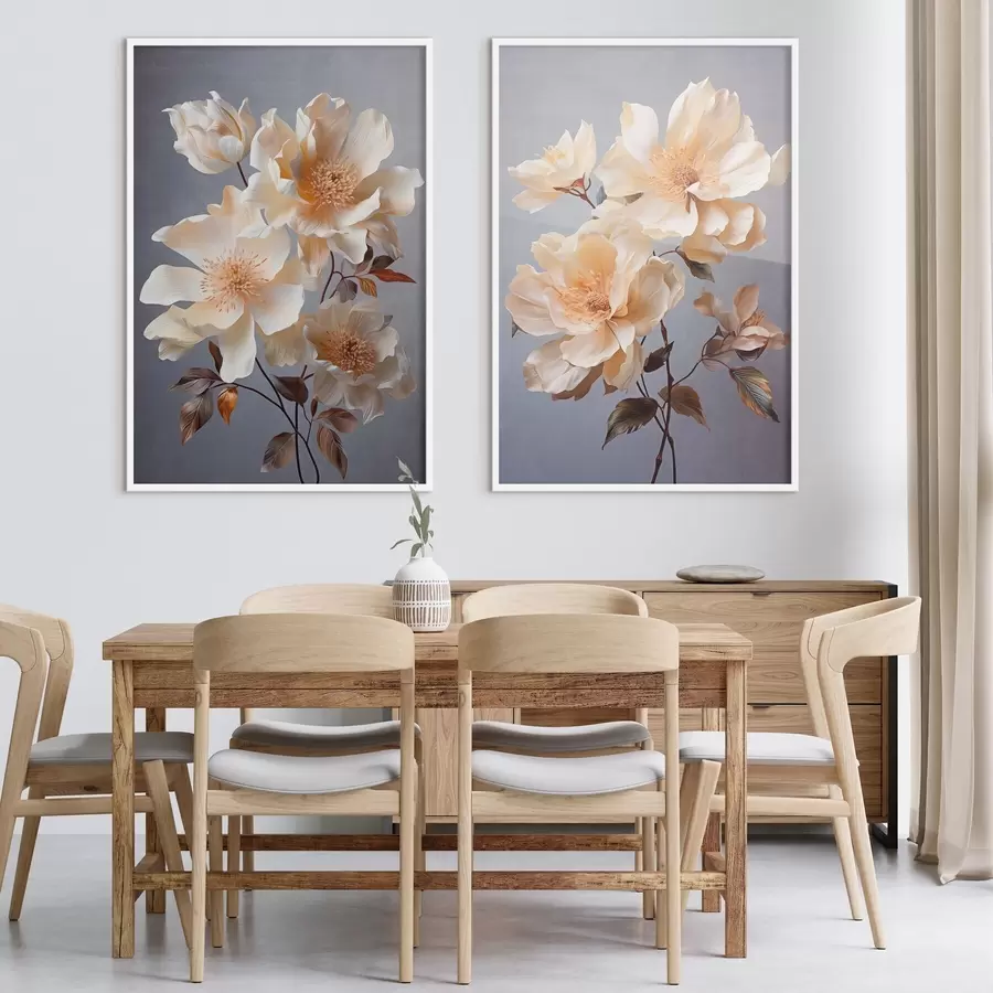 fototapet Flori texturate cu pistil portocaliu și frunze portocalii pe fundal gri, lumină moale, elegant, detaliat, realist d00525