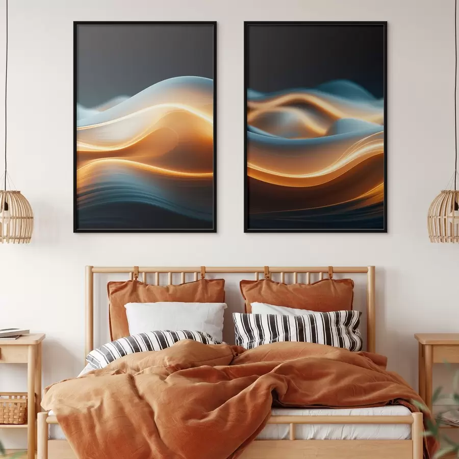 fototapet Forme curgătoare abstracte cu linii portocalii, curbe și linii netede, compoziție dinamică, fundal întunecat d00526