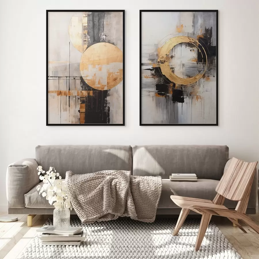 fototapet Tablou abstract cu cercuri, linii negre și galbene și un fundal cu tonuri de gri și alb d00527