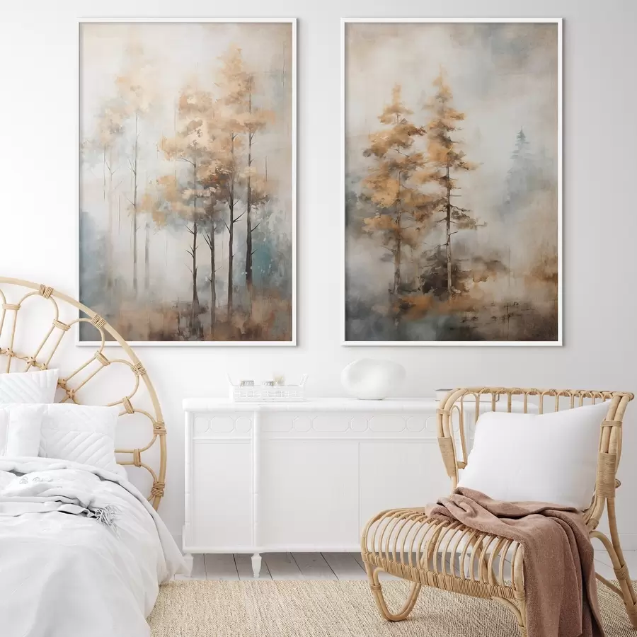 fototapet Copaci înalți texturați cu frunze galbene într-o pădure, fundalul este un amestec de tonuri moi de albastru și maro d00528