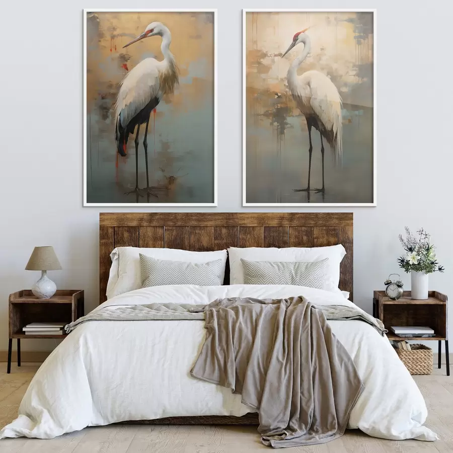 fototapet Heron alb pe un fundal de nuanțe de galben, maro și albastru, sugerând un peisaj abstract, cețos d00530