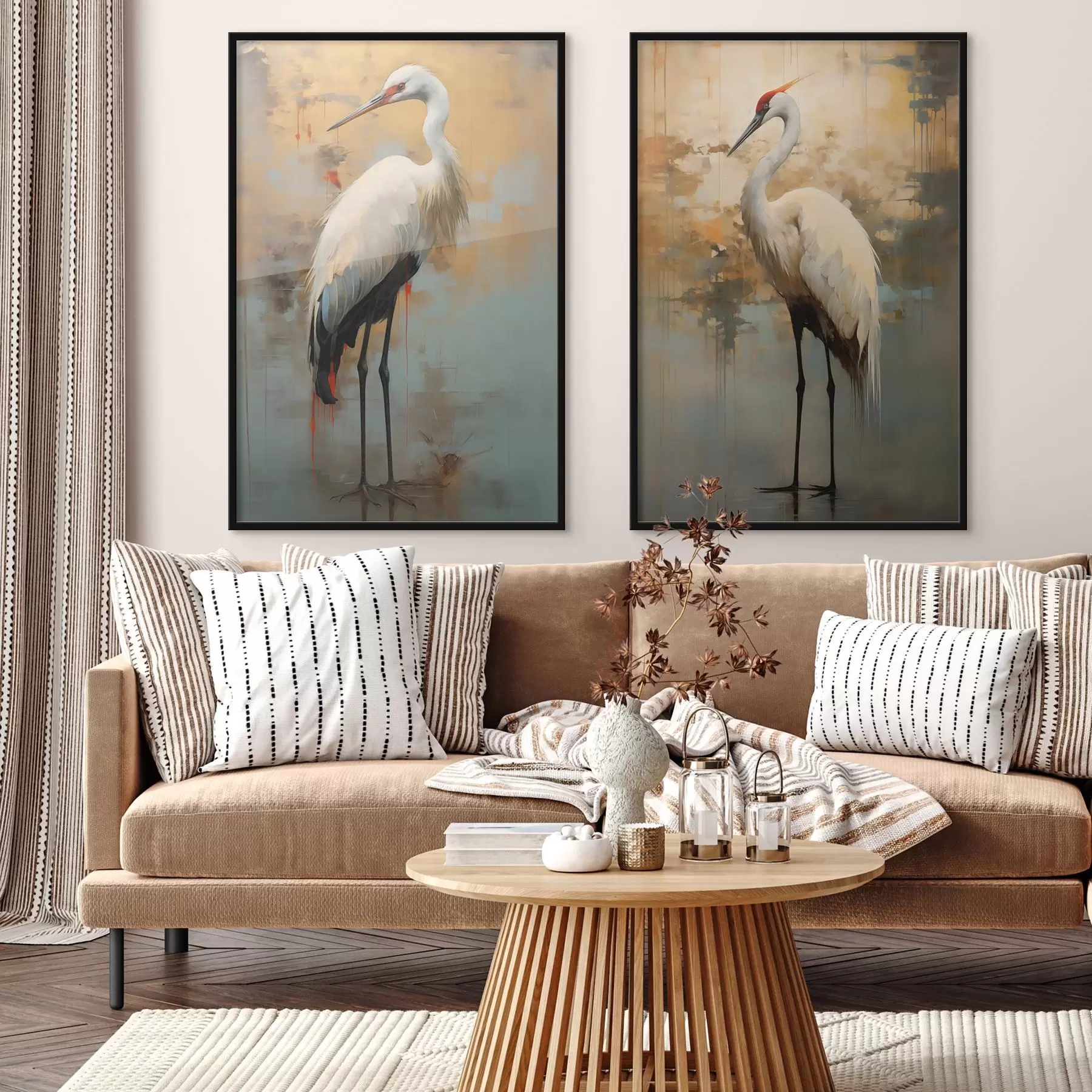 fototapet Heron alb pe un fundal de nuanțe de galben, maro și albastru, sugerând un peisaj abstract, cețos d00530