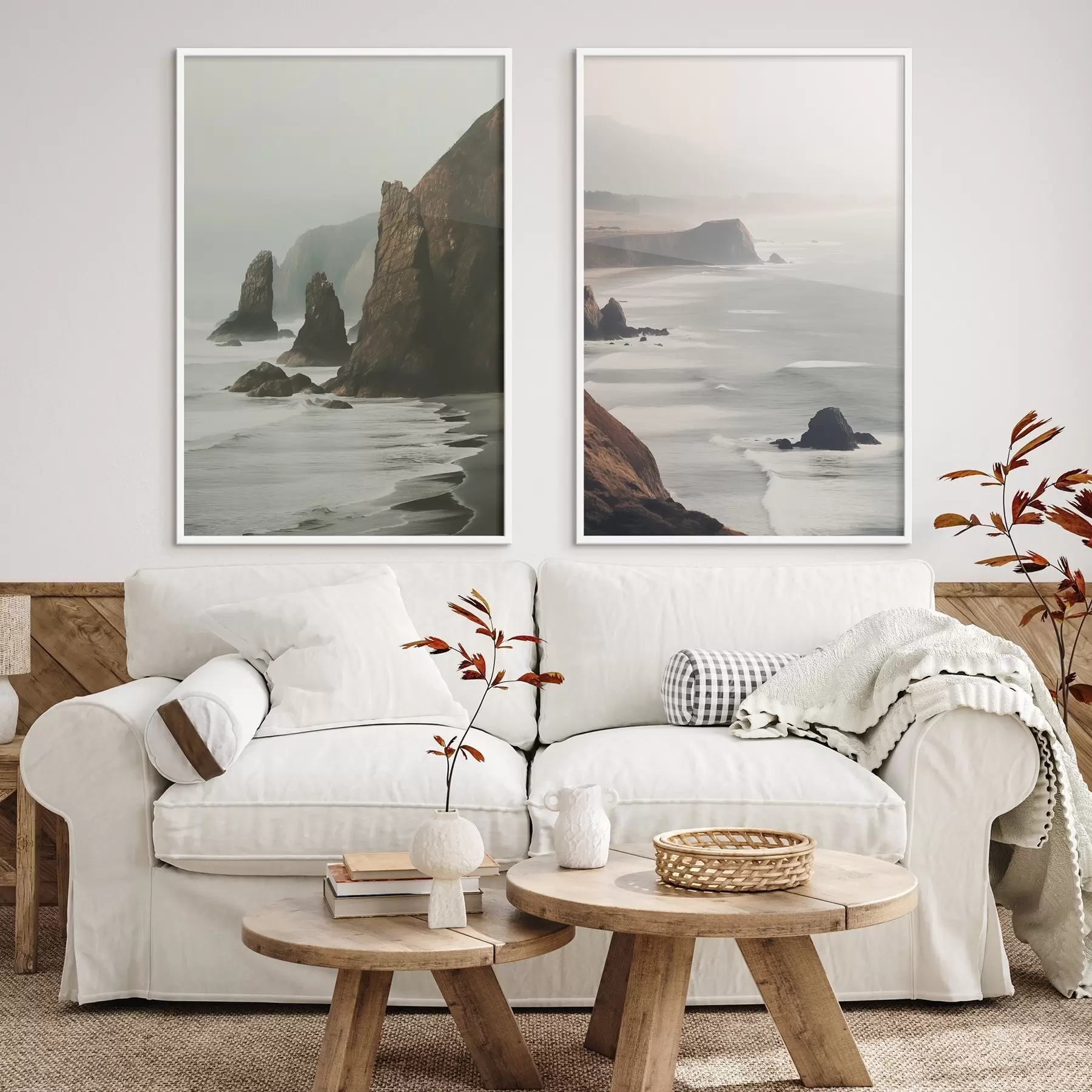 fototapet Stânci stâncoase și coastă de mare, valuri care se sparg pe țărm, peisaj cu o atmosferă moody, tonuri de pământ d00531