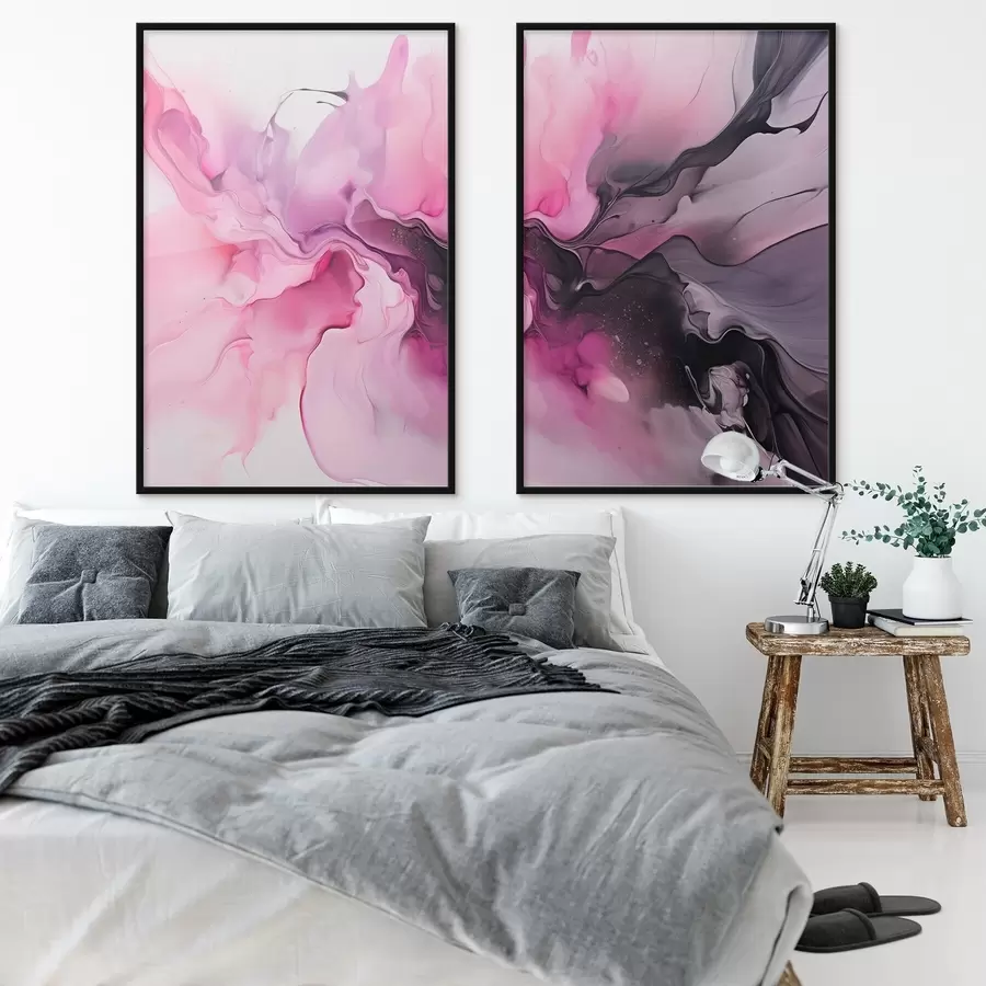 fototapet Vârtejurile abstracte de roz, violet și negru se îmbină într-o compoziție fluidă, organică, creând un sentiment de mișcare d00532