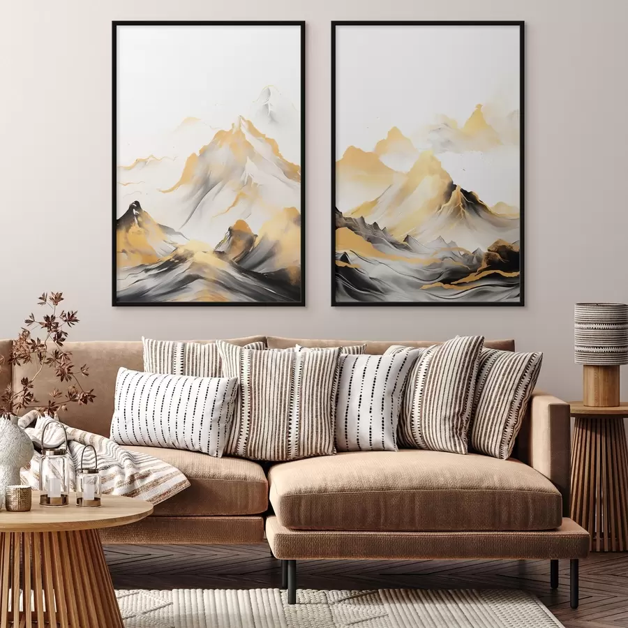 fototapet Munți texturați galbeni și negri cu vârfuri înzăpezite, stil de pictură cu tuș, lanț muntos minimalist d01002