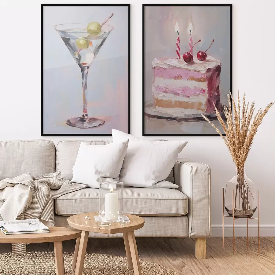 fototapet Un pahar cu o băutură și o bucată de tort pictură imitație d01019