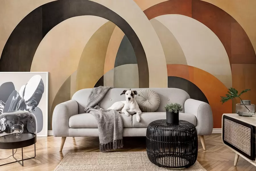 fototapet Arce geometrice abstracte texturate în tonuri pământii de bej, maro și gri, un design arhitectural modern stratificat w09611