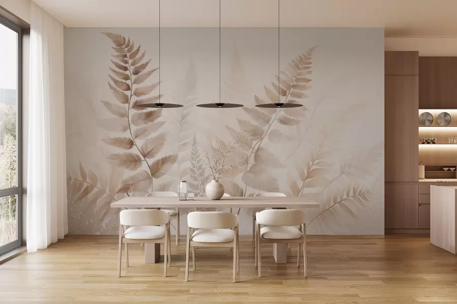 fototapet Frunze de ferigă uscate, texturate, în diferite nuanțe de maro, cu un fundal moale și deschis, în stil acuarelă. w09615