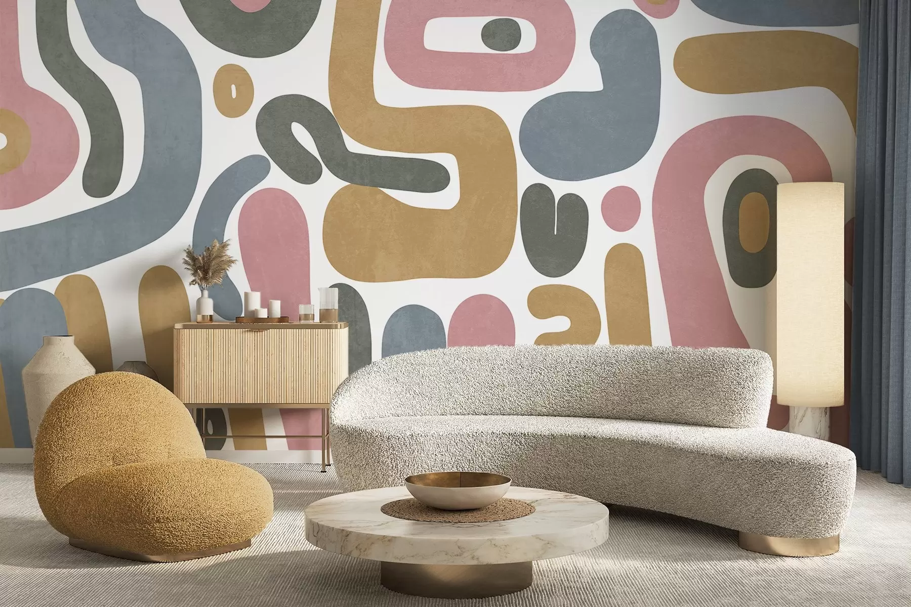 fototapet Forme abstracte texturate în roz pastel, albastru discret, galben muștar și gri pe fond alb artă modernă w09620