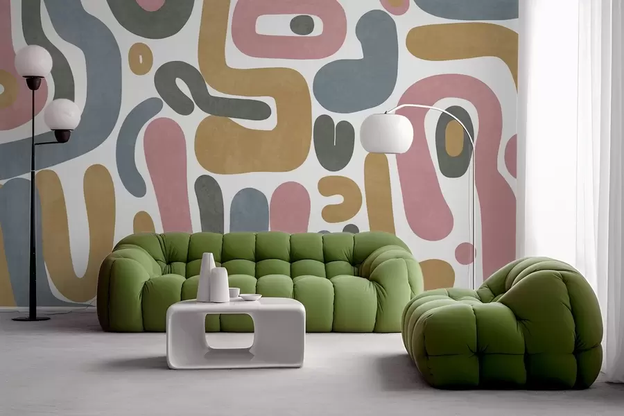 fototapet Forme abstracte texturate în roz pastel, albastru discret, galben muștar și gri pe fond alb artă modernă w09620